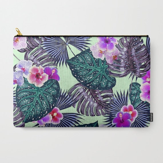 Items similar to Floral Travel Bag, Tropical Leaf Zipper Pouch, Green