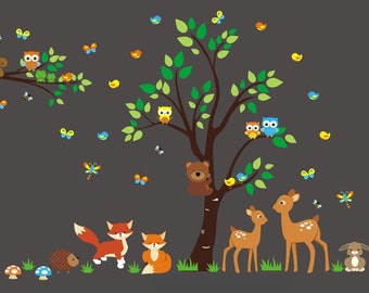 Forest Nursery Wall Decals, Nursery Wall Decals, Woodland Wall Stickers, Deer Fox Wall Decals, Nature Wall Decal, Wildlife Art - 90" x 144"