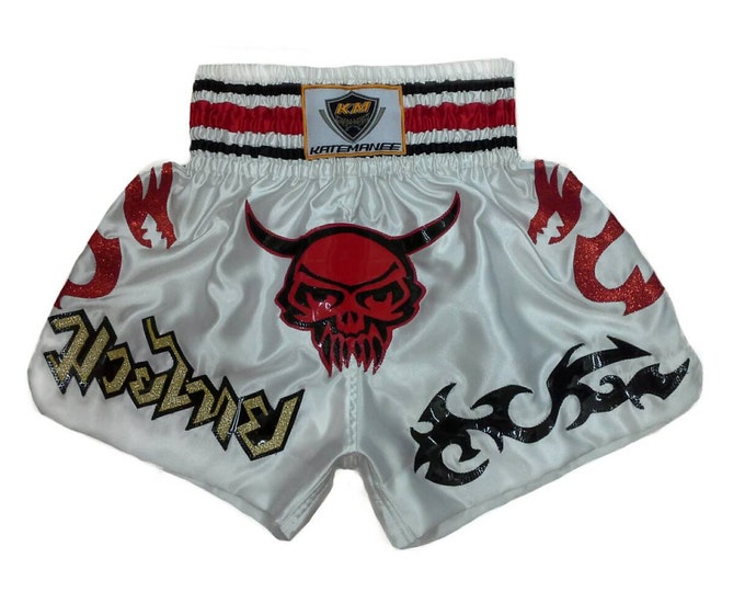 Muay Thailand Boxing Shorts for Training and Sparring Boxing Trunks Martial Arts - WHITE DEVIL