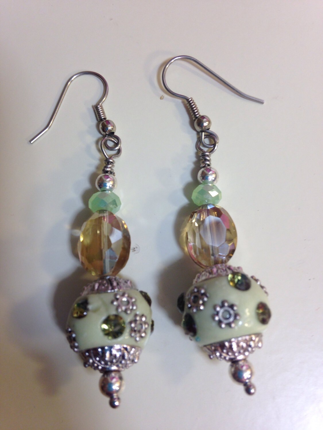 Lime green silver tan beaded earrings Jesse James beads