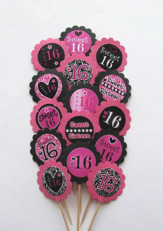 Sweet 16 Cupcake Picks. Gold Glitter Sweet 16 Cupcake Toppers