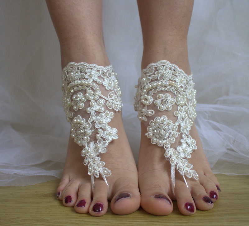 Beaded ivory lace wedding sandals free shipping