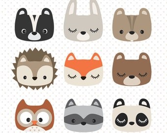 Woodland animal faces Digital Clipart - Commercial use - Woodland vector, vintage color, digital supplies - C007