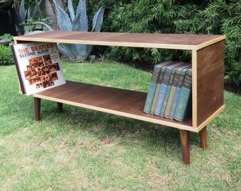 Mid Century Modern Credenza in walnut, two tone pine and walnut bookshelf, record player stand, entertainment tv stand, bookshelf, shelf