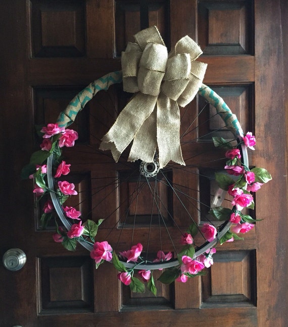 Spring floral bicycle wheel wreath spring by TexasRusticWoodDecor