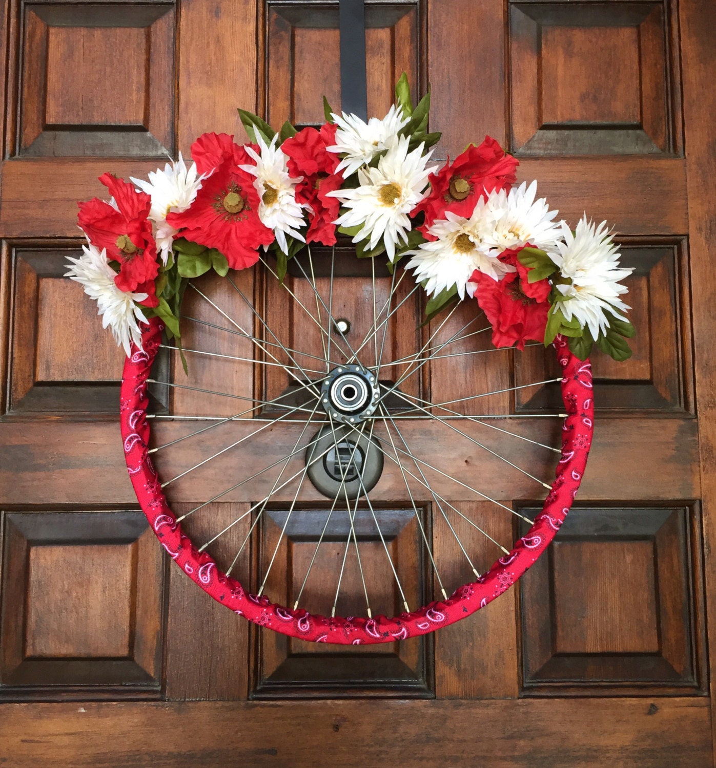 Sale red and white floral wreath bicycle wheel wreath