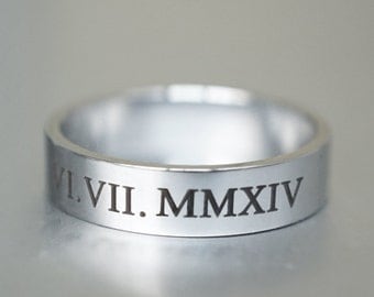 Custom Engraved Ring, Silver Roman Numeral Ring, Personalized Date Ring, Wedding Date, Stainless Steel Mens Custom Ring, Unisex & stackable