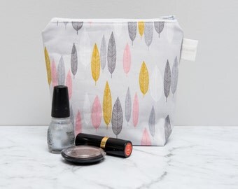 Pink and Gold Leaves Makeup Bag - make up bag - toiletry bag - cosmetic bag - cosmetic pouch - zipper pouch