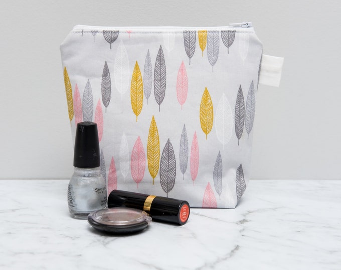 Pink and Gold Leaves Makeup Bag - make up bag - toiletry bag - cosmetic bag - cosmetic pouch - zipper pouch