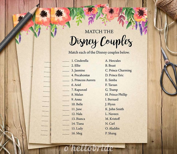 disney couples match game printable floral bridal shower