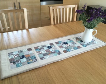 Patchwork table runner, table topper, quilted table runner, modern table runner, teal table topper, table centrepiece, housewarming gift