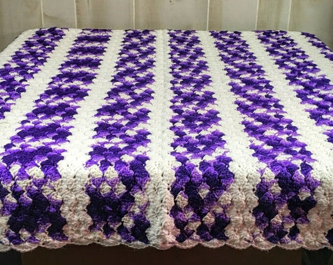 Crochet Throw Blanket | Purple White Striped Afghan