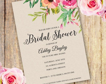 BRIDAL SHOWER Invitation, Instant Download, Watercolor Floral Bridal Shower Invitation, Watercolor flowers, Edit yourself with Adobe Reader