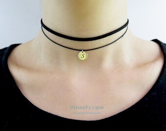 Initial Choker A-Z,Black Choker,Leather choker,Double wrap choker,Brown choker,Choker for woman,Coin Initial Silver Choker,Choker for woman