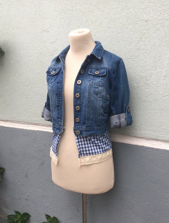 Small Upcycled Jacket Jean Jacket with Plaid And Lace