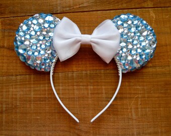 Cinderella Jeweled Disney Ears, Blue and Silver Bedazzled Ears, Mickey Mouse ears, Rhinestone Disney ears