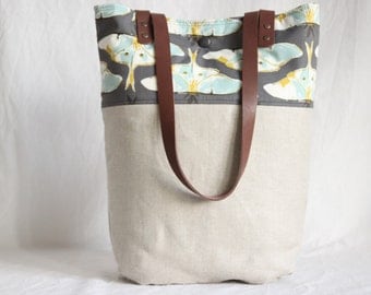 Canvas bag with leather handles, butterfly