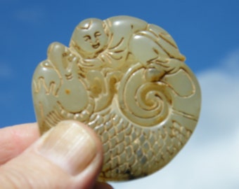 Old Antique Chinese Carved Unknown Hardstone Statue Boy on Fish