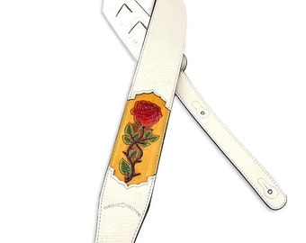 White Leather Guitar Strap Hand Tooled Red Rose Design CVG-51