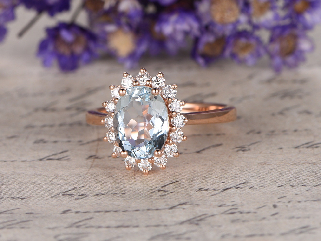 Aquamarine engagement ring diamond ringSolid 14k Rose gold