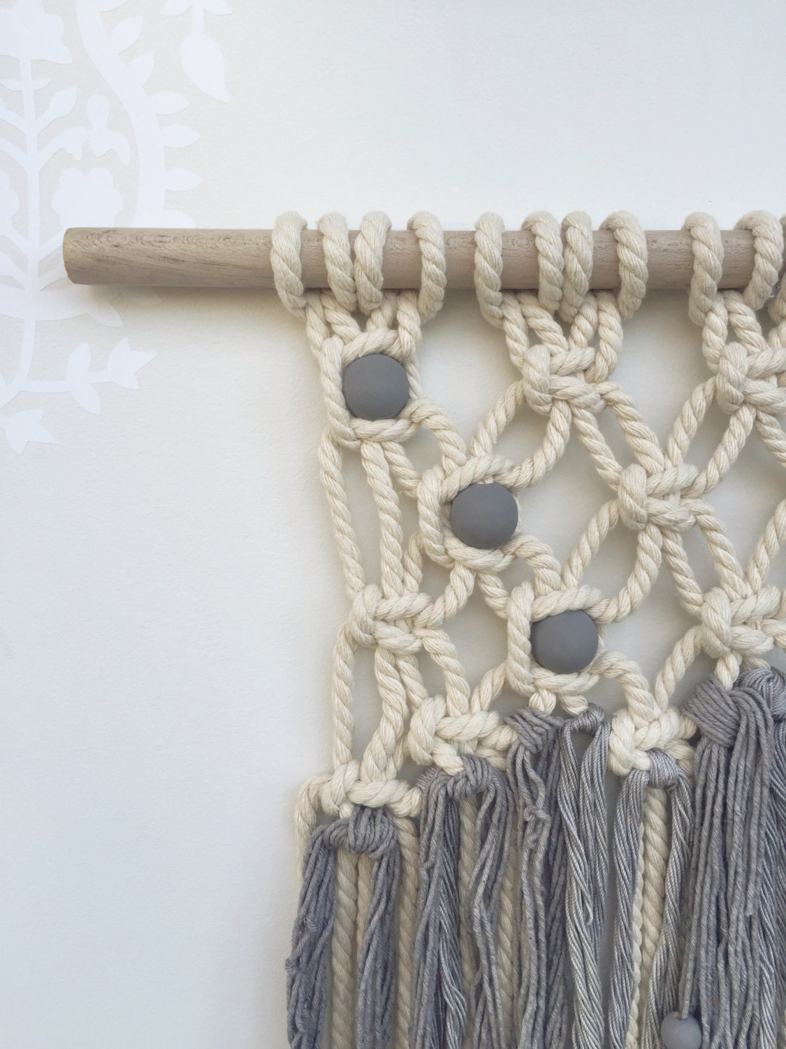 Gray beaded macrame wall hanging