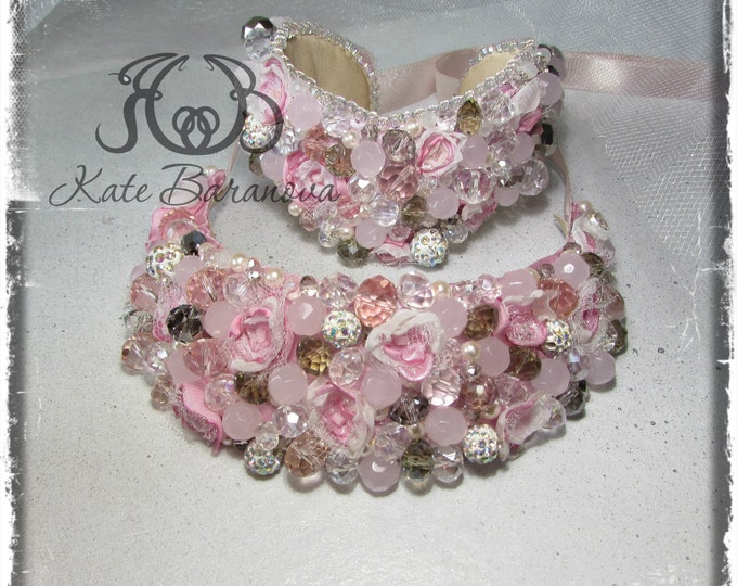 Rose Quartz Embroidery Necklace and Cuff Bracelet~Beaded Jewelry Set~Romantic Crystal Necklace and Cuff Bracelet~Elegant Statement Necklace