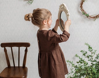 Linen dress with wooden buttons at the back brown, cute linen dress girl, linen dress toddler, linen dress baby