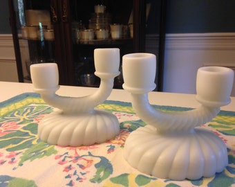 Pair of Vintage Imperial Milk Glass Double Candle Holders - Free Shipping