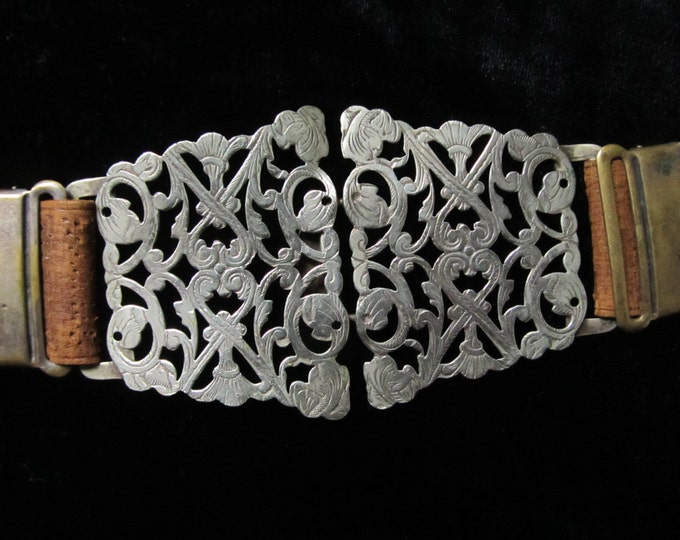 Antique Victorian belt, silver plated links and buckle, leather ladies belt, steampunk accessory, charles dickens period re-enactment
