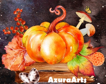 Watercolor Autumn Clipart,Halloween ClipArt,pumpkin, mushrooms,leaves,Boho ClipArt,Wedding invitation,Orange Watercolor elements,Digital PNG