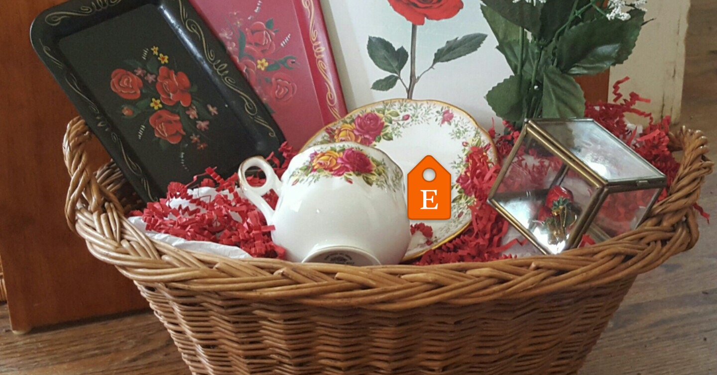 Vintage gift Basket for Her with hearts and yellow roses