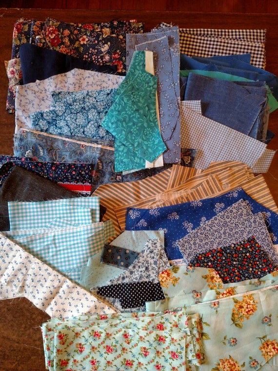 Blue Fabric Scraps Remnants Cotton One Pound by
