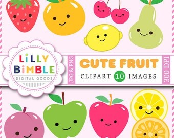80% off Cute Fruit clipart kawaii apples, lemon, plum, strawberry, cherry, pear in PNG and jPG INSTANT Download