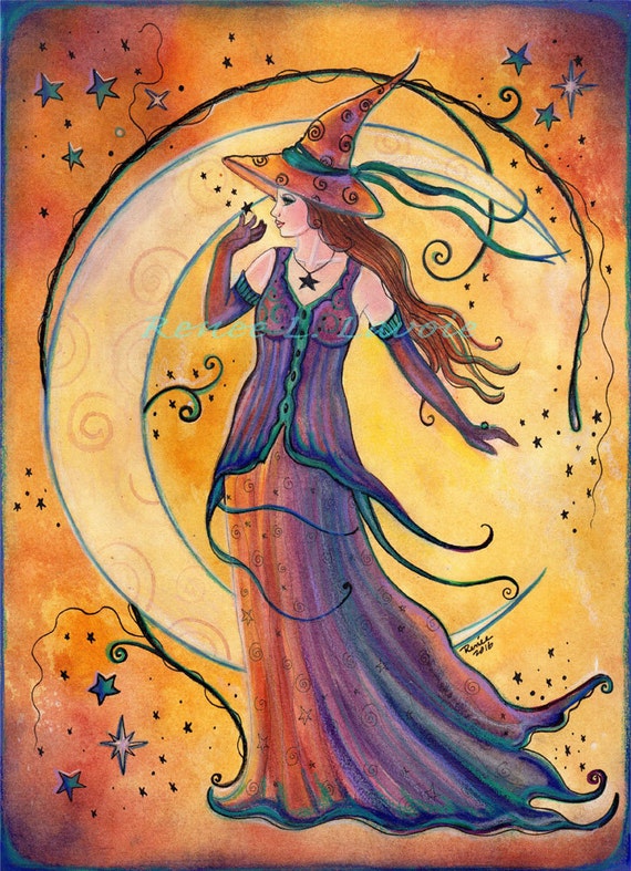 Whimsical Halloween witch moon and stars colorful art print