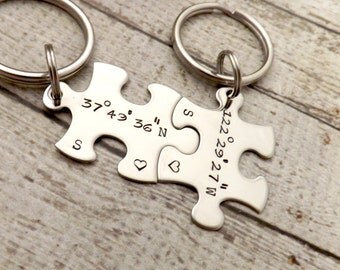 personalized keychain - Couples Keychains, GPS coordinates, puzzle keychains, wedding gift, personalized key chains, GPS jewelry-GPS keychai