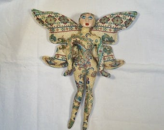 Elegant Metallic Paisley FAIRY cloth art doll form w/face cab 10 in. tall You finish her Bead Decorate