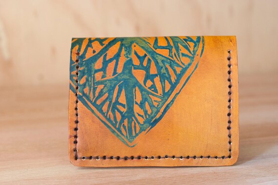 Items similar to Front Pocket Wallet - Leather Card Wallet with Leaf Pattern - Small Wallet in ...