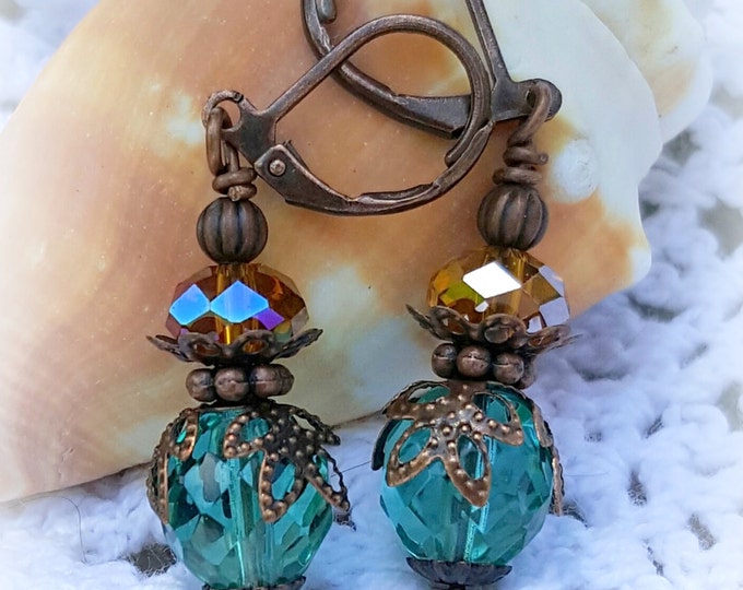 Vintage Earrings ,Antique Brass, Teal Faceted Crystal, Topaz Crystal, lever back earrings, Gift For Her, handmade