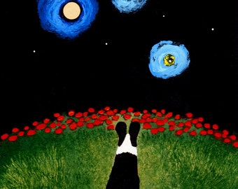 Black Pembroke Welsh Corgi Dog Outsider Folk Art PRINT Todd Young painting STARRY SKY