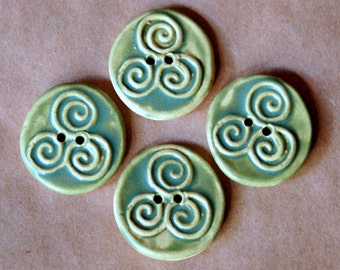 4 Handmade Ceramic Buttons- Triple Spiral Buttons in Earthy Olive Satin - Triskele Celtic Handmade Buttons