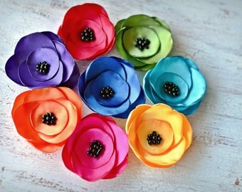 Satin fabric flowers, silk flower appliques, small satin roses, wedding flowers, bulk flowers, flower embellishment (8pcs)- RAINBOW OF ROSES