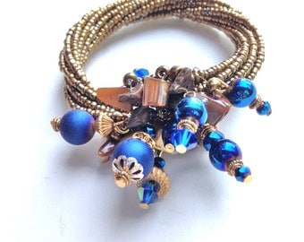Charm Bracelet Cobalt BLue & Gold Beads Boho