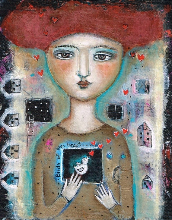 Free Shipping Print Mixed Media painting woman birds of the