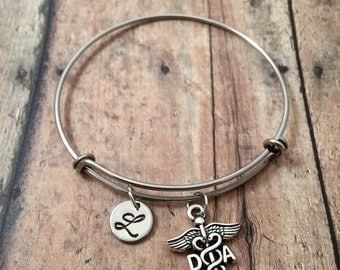 Dental assistant initial bangle - DA jewelry, gift for dentist assistant, dental school gift, silver dental assistant initial bangle