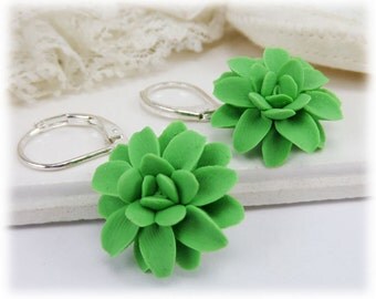 Green Dahlia Dangle Earrings - Green Dahlia Drop Earrings, Green Flower Earrings