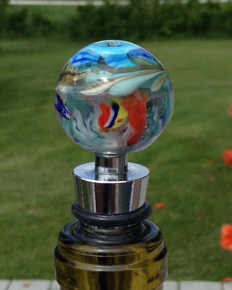Wine Bottle Stopper Hand Blown Glass Ocean Tide by AspenHotGlass