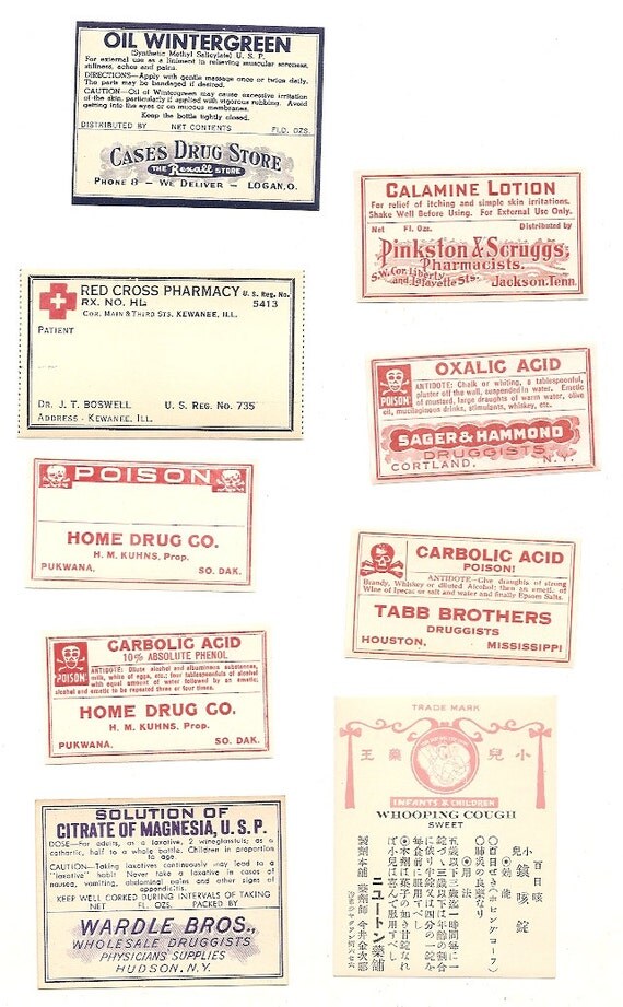 49 1930s plus DrugstorePharmacy Poison and Medicine Labels