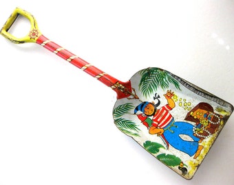 Vintage Tin Toy Shovel, Pirate with Treasure, Large Tin Shovel, J Chein USA