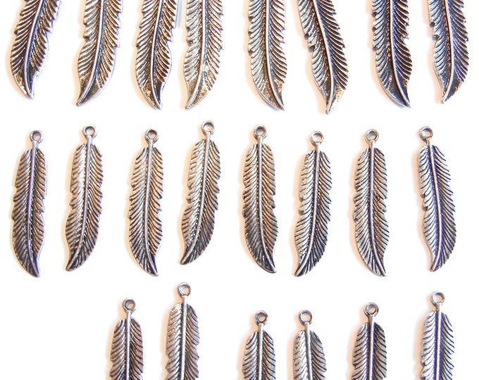 22 or 11 Pairs of Feather Charms Antique Silver-tone