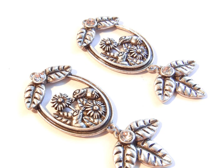 Pair of Antique Silver-tone Drops with Squirrels and Flowers